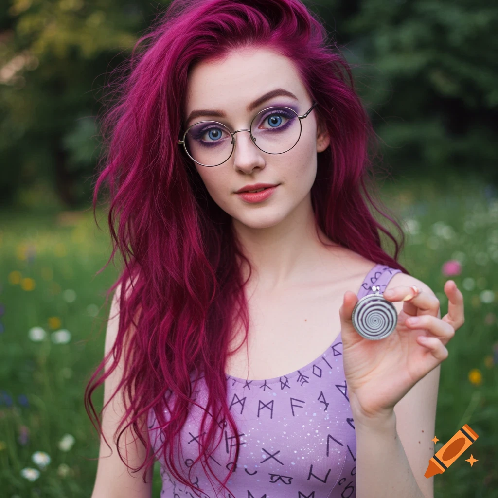 Photorealistic portrait of a girl with vibrant magenta hair and blue eyes, wearing glasses and a purple costume with runes, holding a spiral hypnotist pendant in a grassy field.
