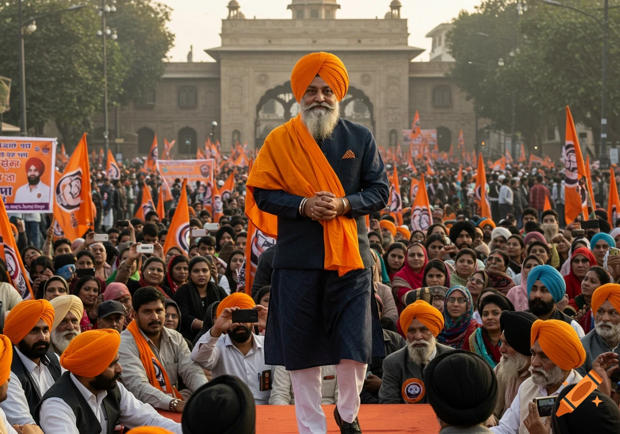 A Sikh man in an orange turban and blue kurta stands on a stage, addressing a large crowd holding orange flags at an outdoor rally.