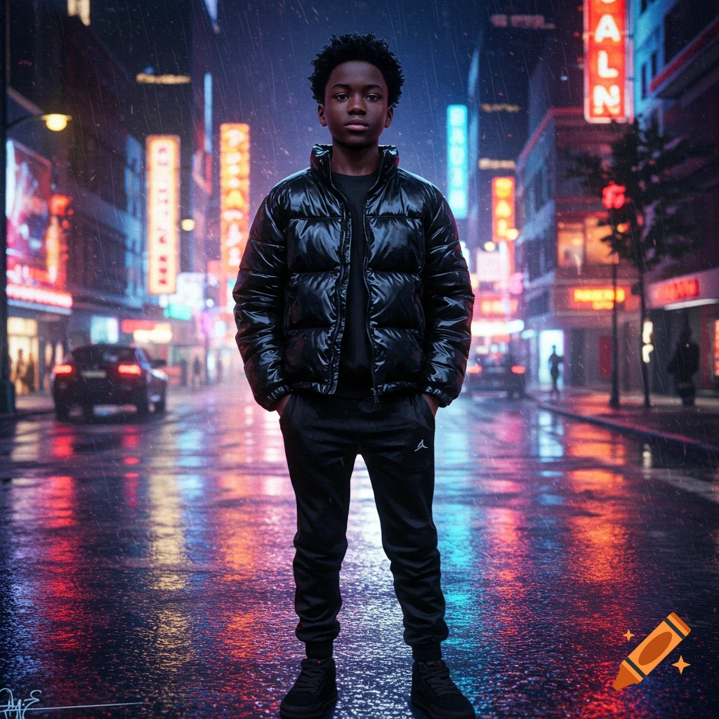 A young Black boy in a black puffer jacket and sweatpants stands on a rainy city street at night, with neon lights reflecting on the wet pavement. Photorealistic style.