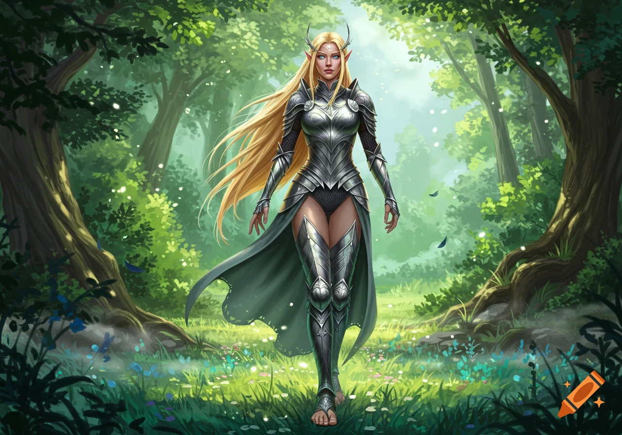 Blonde high elf warrior in silver armor and green cloak walking barefoot through a lush fantasy forest, digital art.