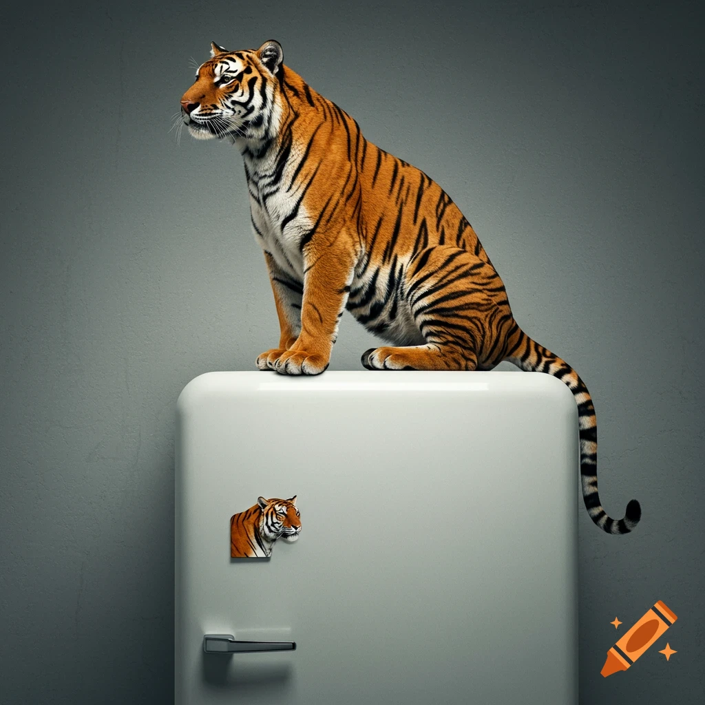 A photorealistic tiger sits on top of a white refrigerator, with a small tiger head magnet on the door.