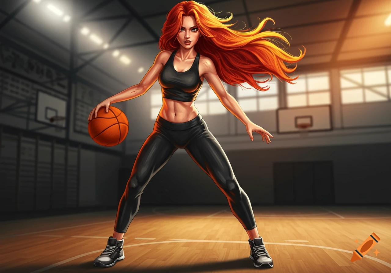 A vibrant digital illustration of a fiery-haired woman dribbling a basketball on a gym court.