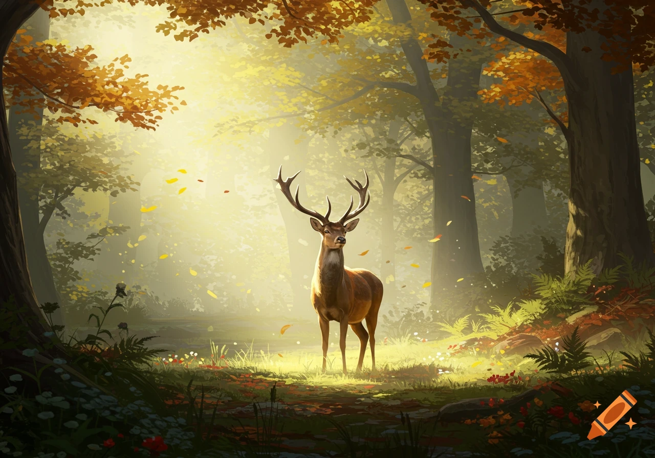 A majestic deer with large antlers stands in a sunlit, vibrant autumn forest with falling leaves.