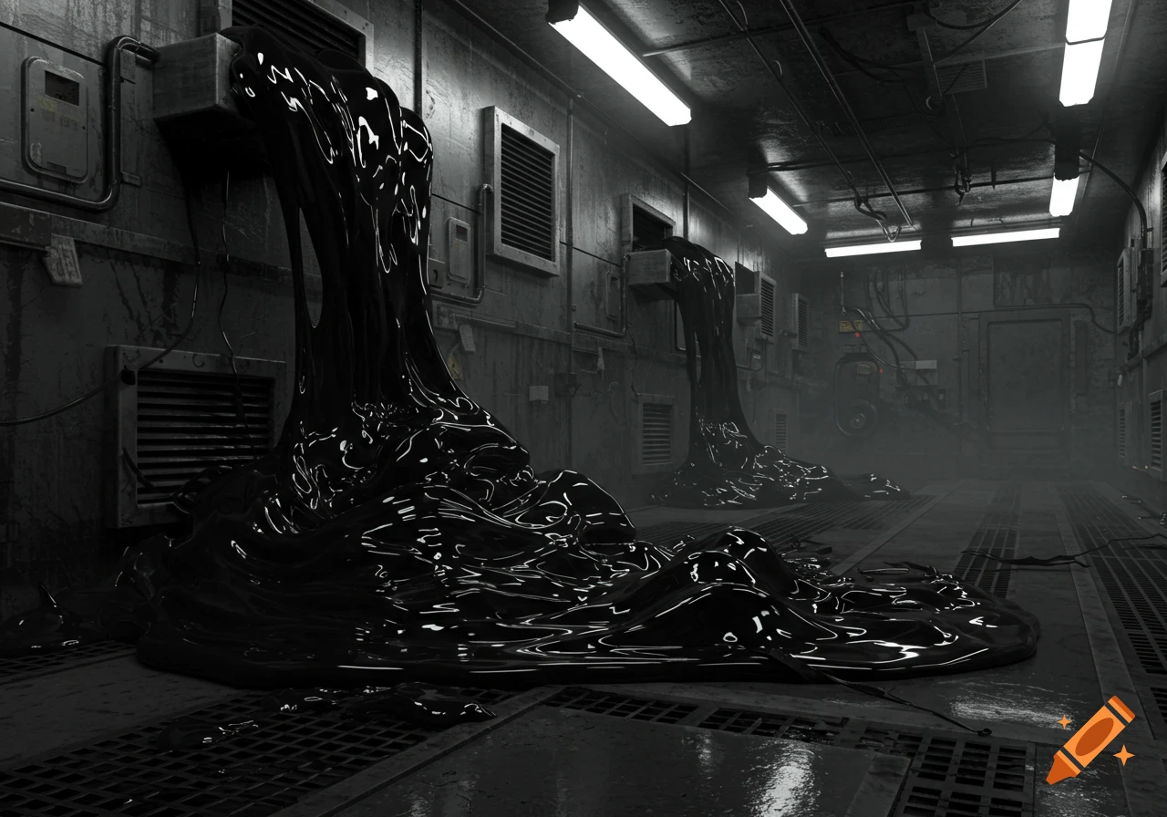 Glossy black slime oozes from air vents and pools on the floor of a dark, grimy industrial corridor, photorealistic.
