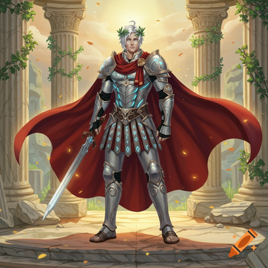 A heroic male warrior with white hair, a laurel wreath, and a red cape, in ornate silver armor, holds a sword amidst ancient Greek-style ruins.