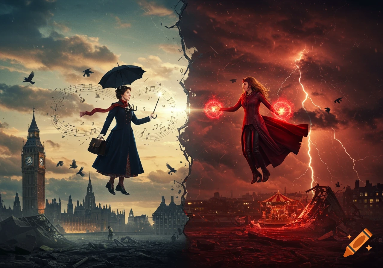Mary Poppins and Scarlet Witch battle above a fractured London, split between serene sunset and a stormy red sky.