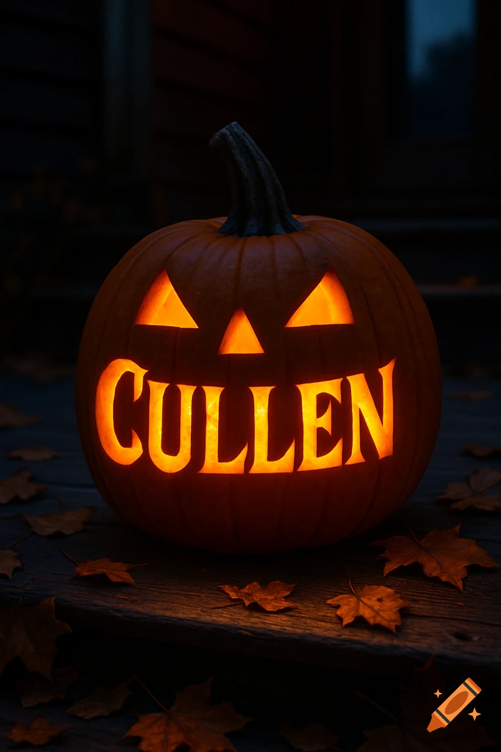 A glowing jack-o'-lantern with 'CULLEN' carved into its mouth, surrounded by autumn leaves on a wooden surface at dusk.
