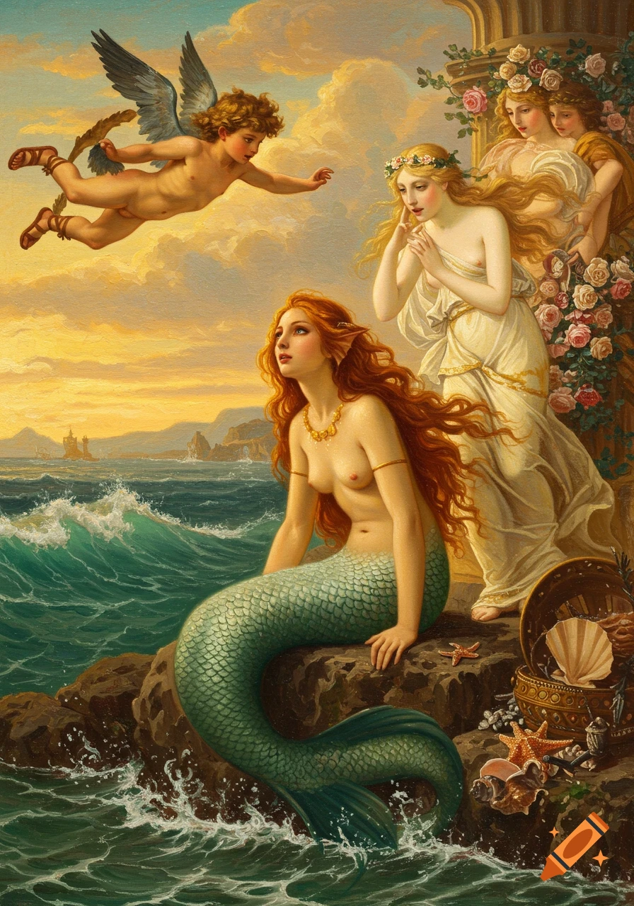 Renaissance painting of a mermaid on rocks by the sea, looking up at a flying winged child and women on a balcony.