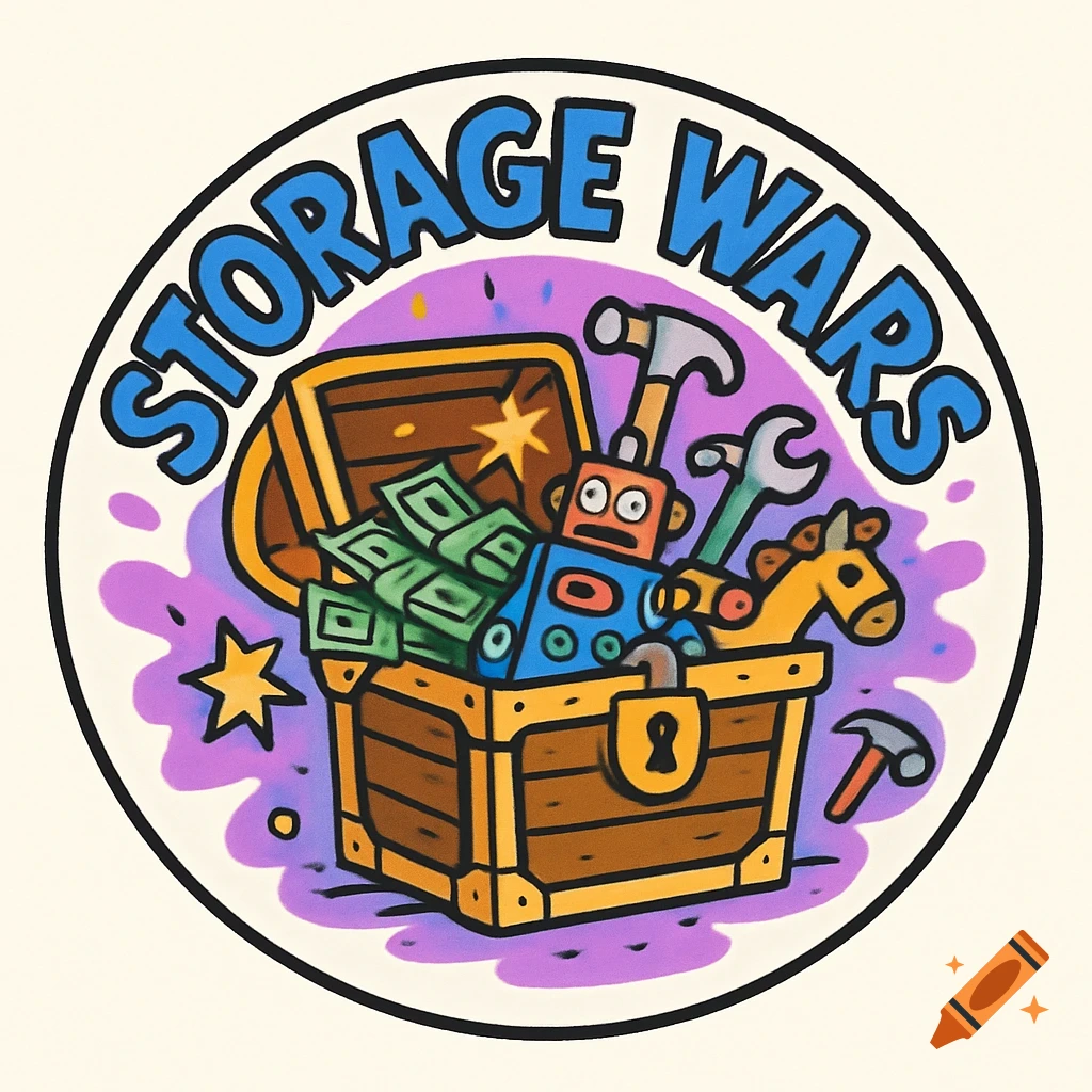 Circular cartoon logo for 'Storage Wars' with an overflowing treasure chest filled with money, a robot, tools, and a horse toy.