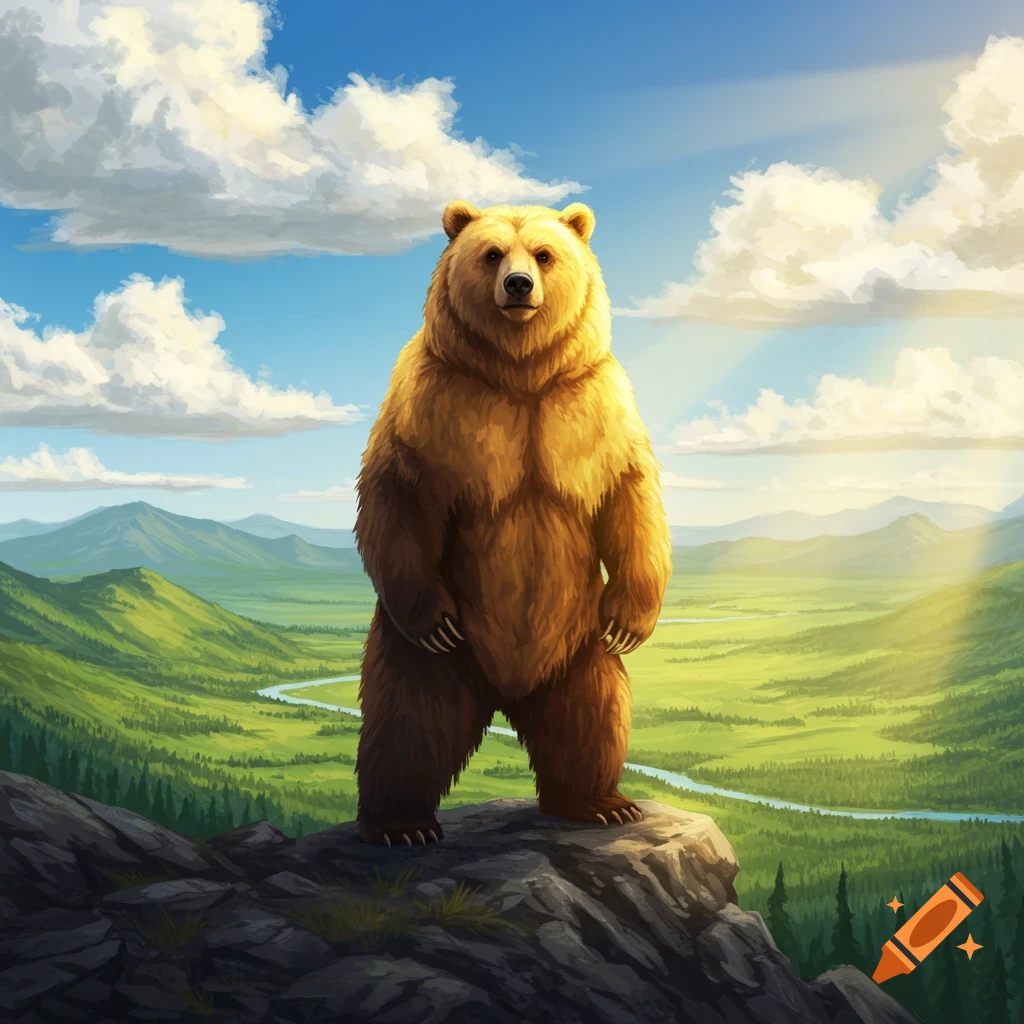 A vibrant illustration of a majestic brown bear standing on a rocky mountain overlooking a green valley and river.