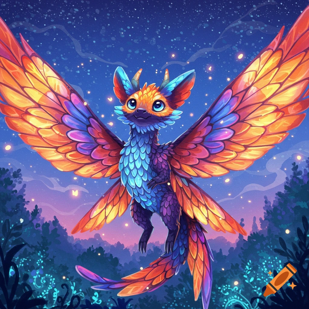 A cute, vibrant fantasy creature with large, colorful wings flies under a starry night sky above a glowing forest in digital art.