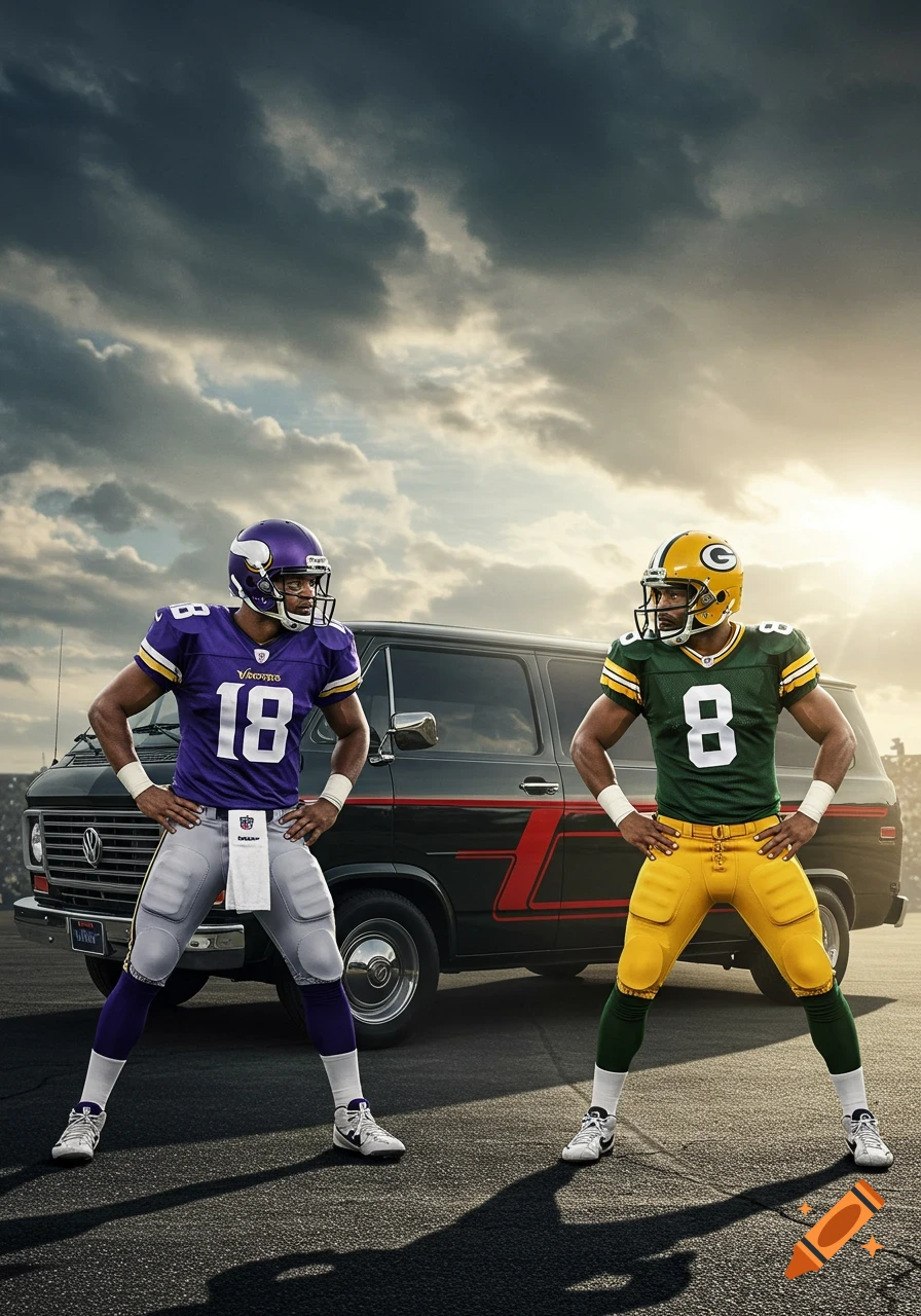 Two football players in Minnesota Vikings and Green Bay Packers uniforms stand in front of a black van, under a cloudy sky with sunlight breaking through.