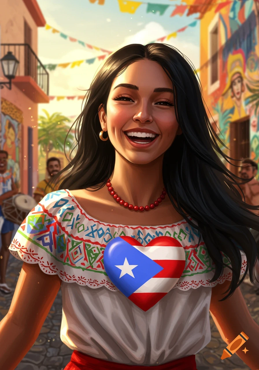 Smiling woman with a Puerto Rican flag heart on her blouse in a vibrant, festive street, digital illustration style.