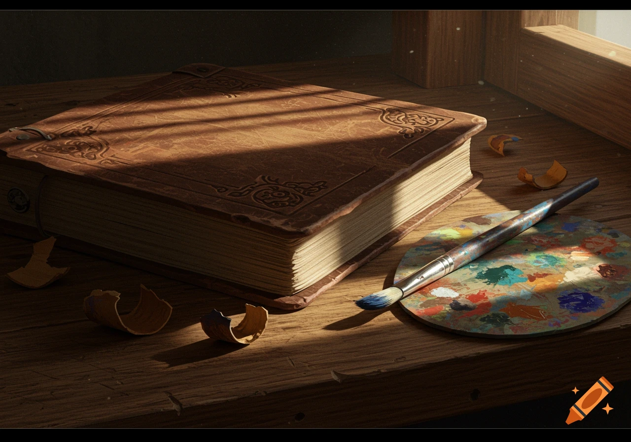 A leather-bound book, a paint palette with a brush, and pencil shavings on a sunlit wooden table.