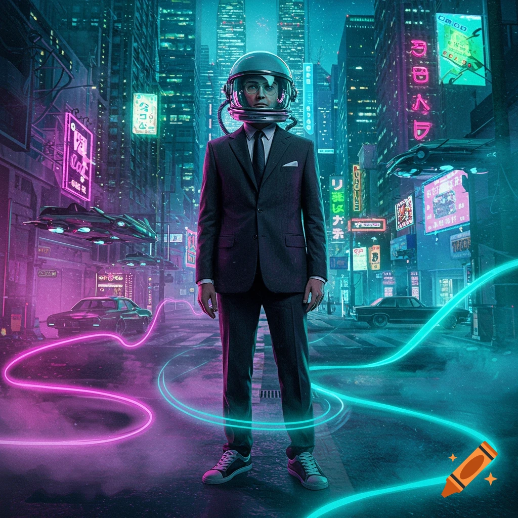 A man in a suit, tennis shoes, and a space helmet stands in a neon-lit cyberpunk city street with flying vehicles and glowing data lines.