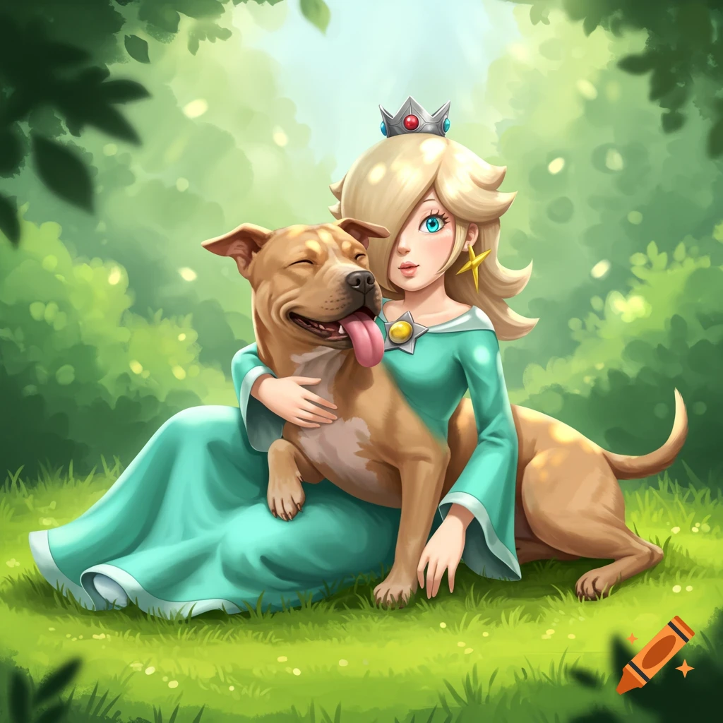 Rosalina from Mario series, in a light blue dress, hugs a happy brown Pitbull dog in a lush green forest.