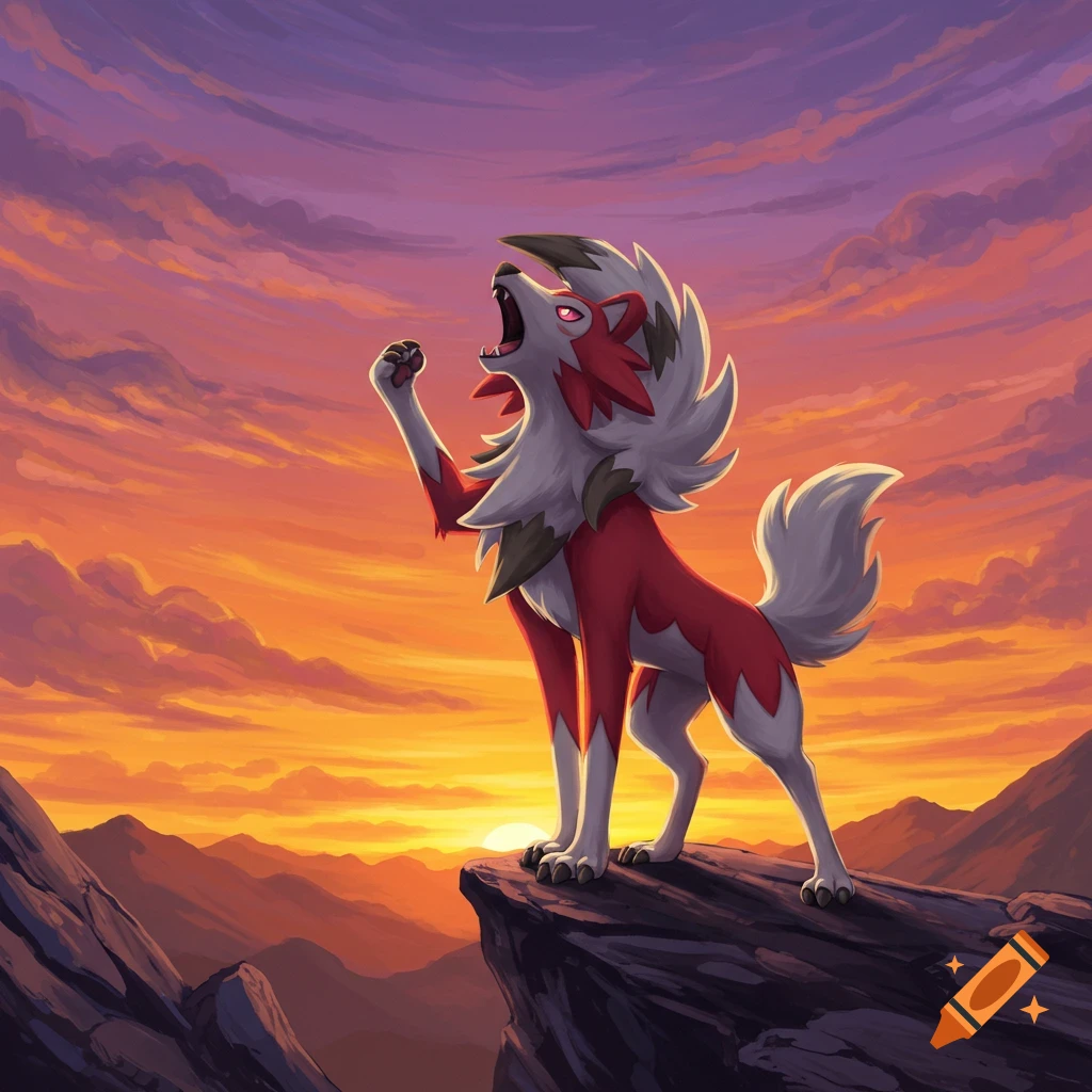 A red and white wolf-like creature howls on a rocky cliff at sunset, with a vibrant orange and purple sky and mountains.