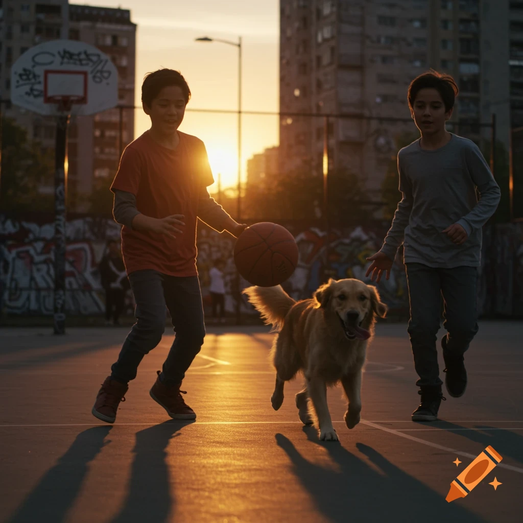 Two boys and a golden retriever play basketball on an outdoor court at sunset, casting long shadows.