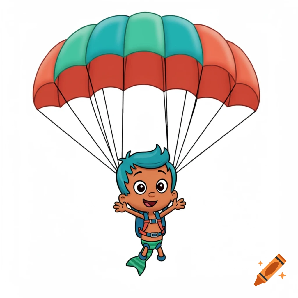 Molly from Bubble Guppies, a cartoon character with blue hair, a mermaid tail, and a harness, parachuting with a red and teal parachute.