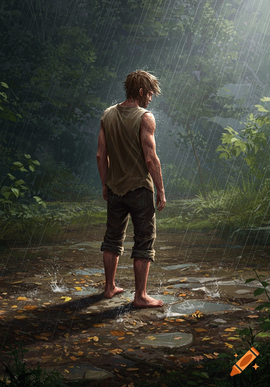 A somber, unkempt man in torn clothes stands barefoot in a rainy forest, looking down at mud and puddles.