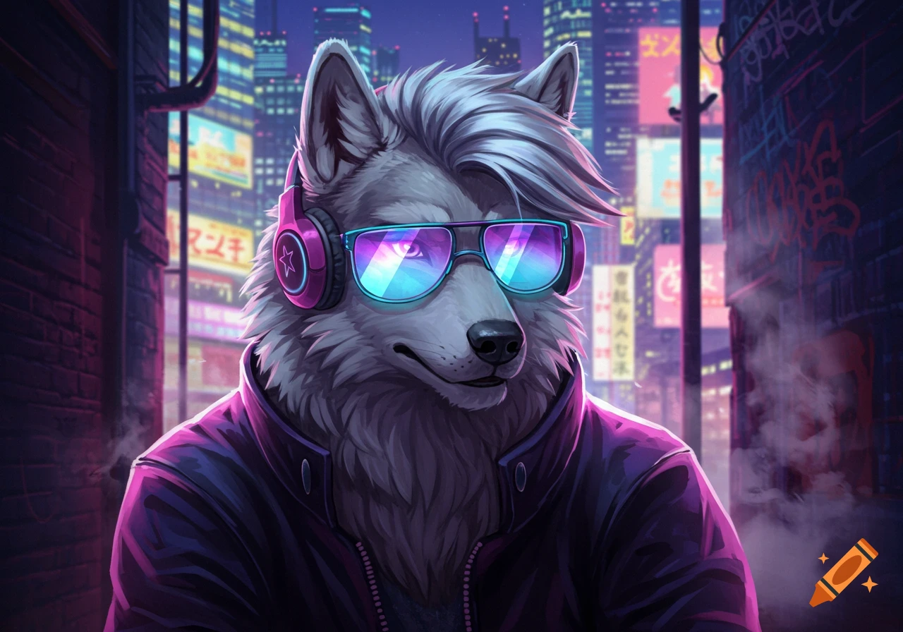 Anthropomorphic grey wolf in pink headphones and reflective sunglasses, set in a vibrant, neon-lit cyberpunk city, anime style.