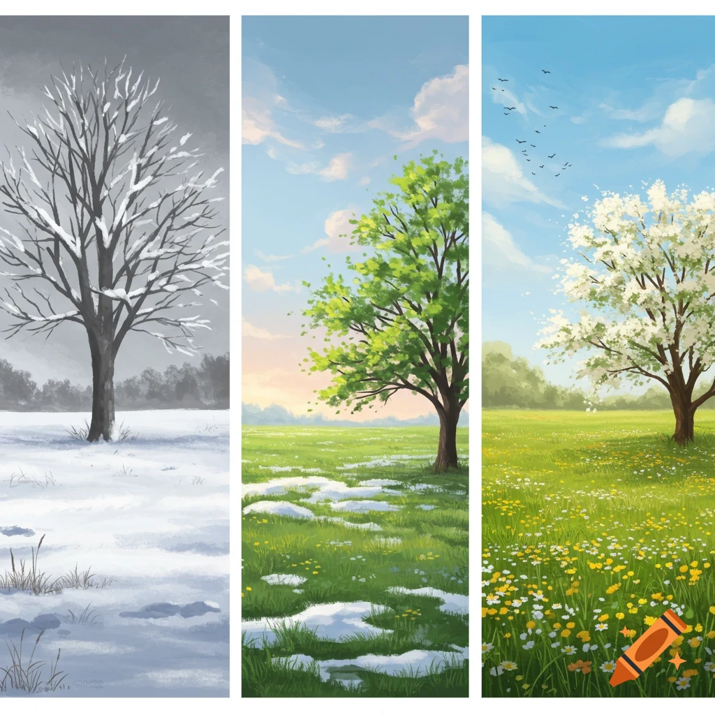 Three vertical panels illustrate the transition from winter to spring, featuring a bare tree in snow, a green tree with melting snow, and a white blossoming tree in a flower field.