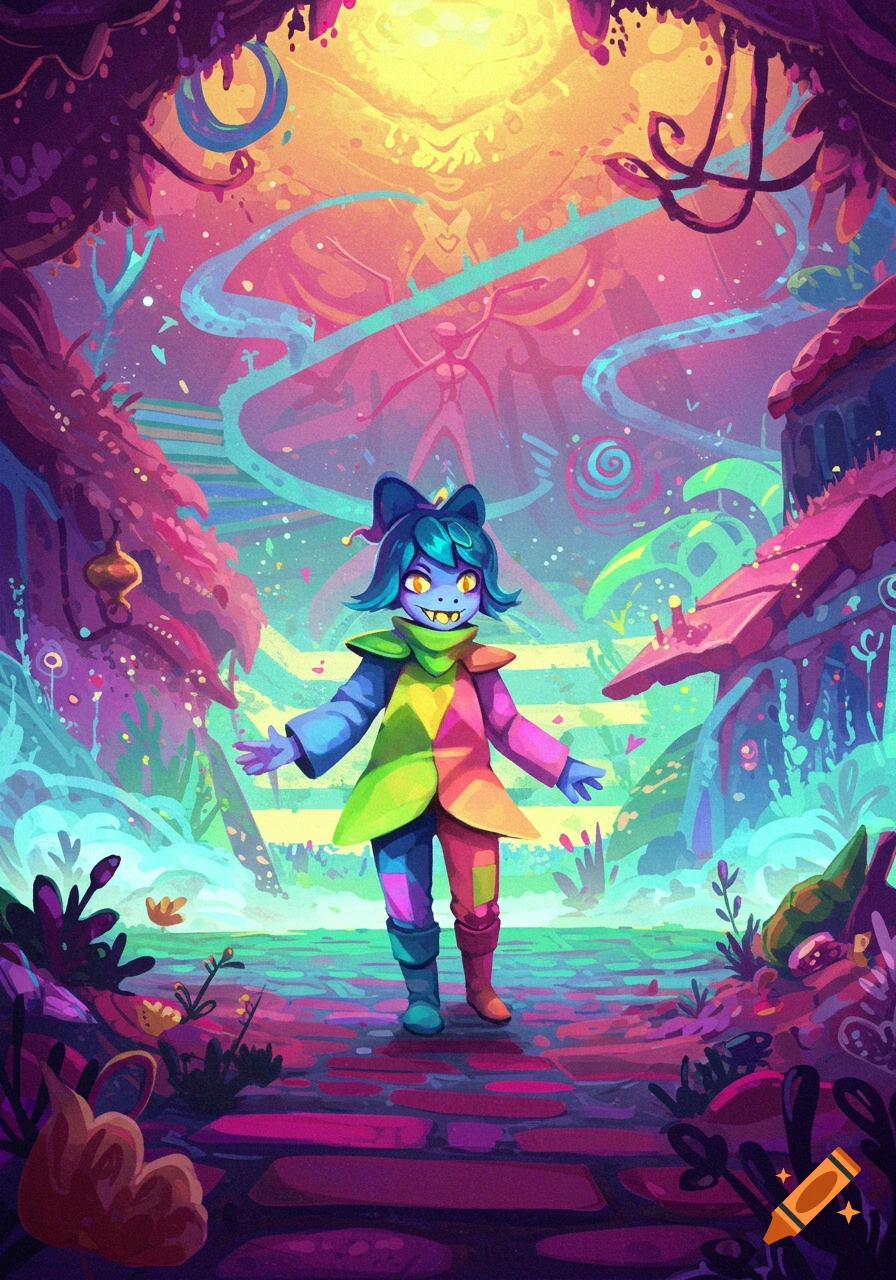 A colorful, cartoonish creature with blue hair, yellow eyes, and sharp teeth, wearing a patchwork outfit, stands in a vibrant fantasy jungle.