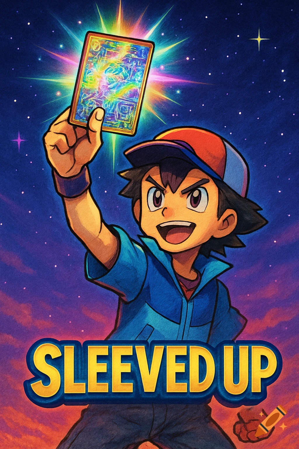 An anime-style trainer in a blue jacket holds a glowing holographic trading card against a starry night sky. Below is the text "SLEEVED UP".