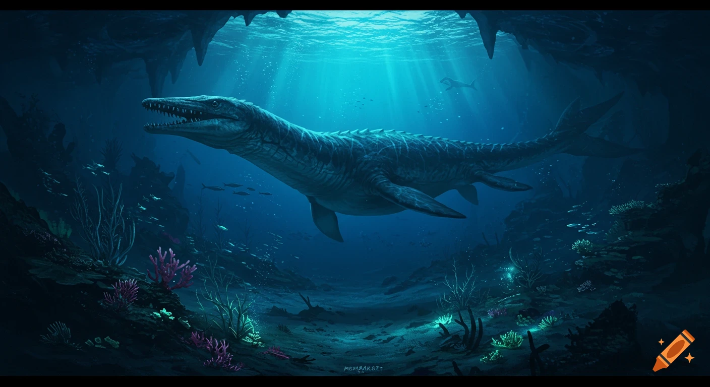 A large Mosasaurus swims in a deep blue underwater cave with glowing coral and sunrays from the surface.