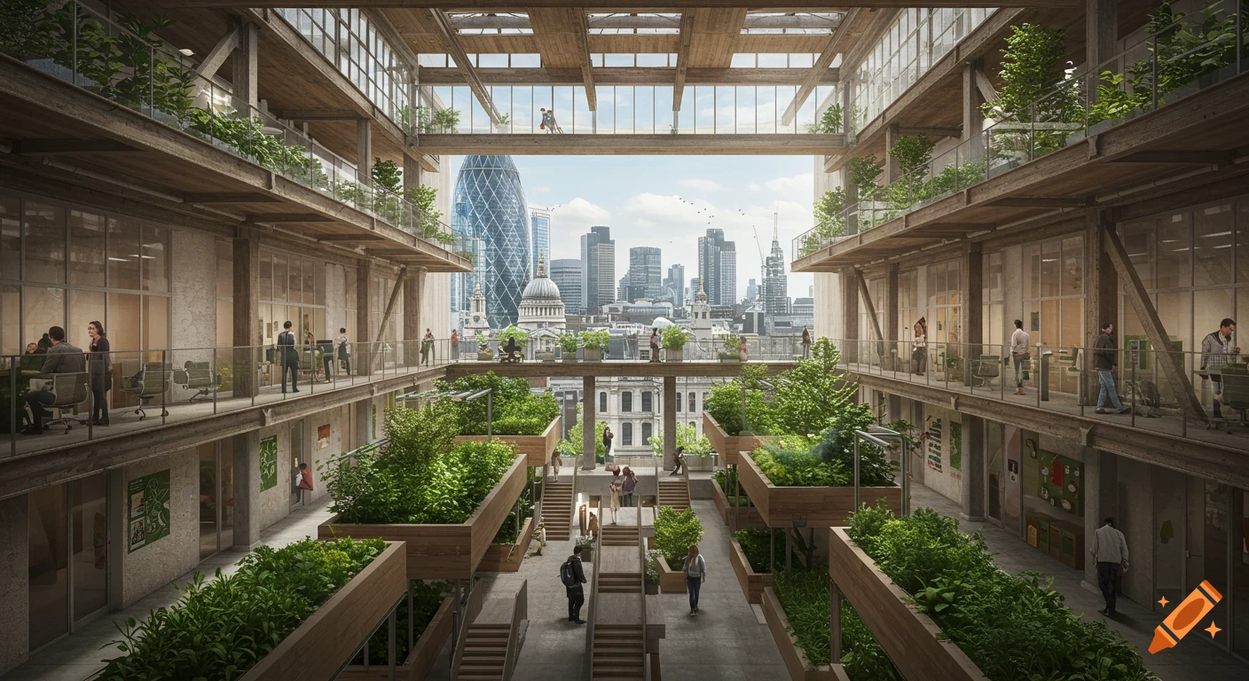 Photorealistic render of a multi-level open-air atrium and urban farm in a London building, with people, greenery, and city skyline.