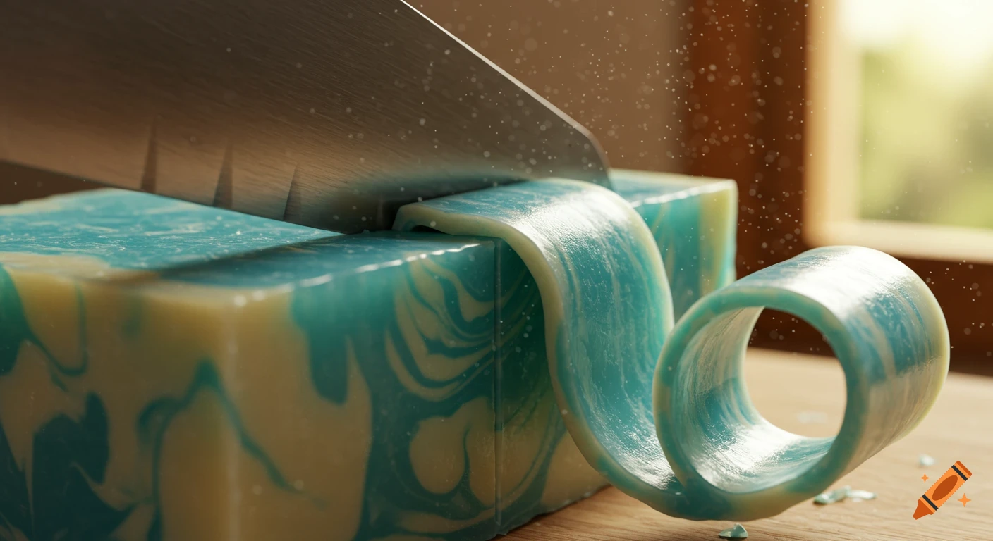 Close-up of a sharp blade slicing into a marbled turquoise and white artisan soap bar, creating a long curl. Photorealistic macro shot with dust particles and soft sunlight.