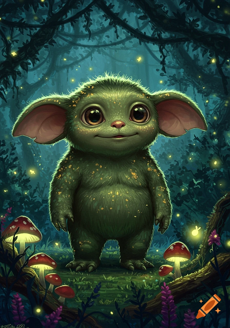 A cute, big-eyed green creature with large ears stands in an enchanted forest with glowing mushrooms and fireflies.
