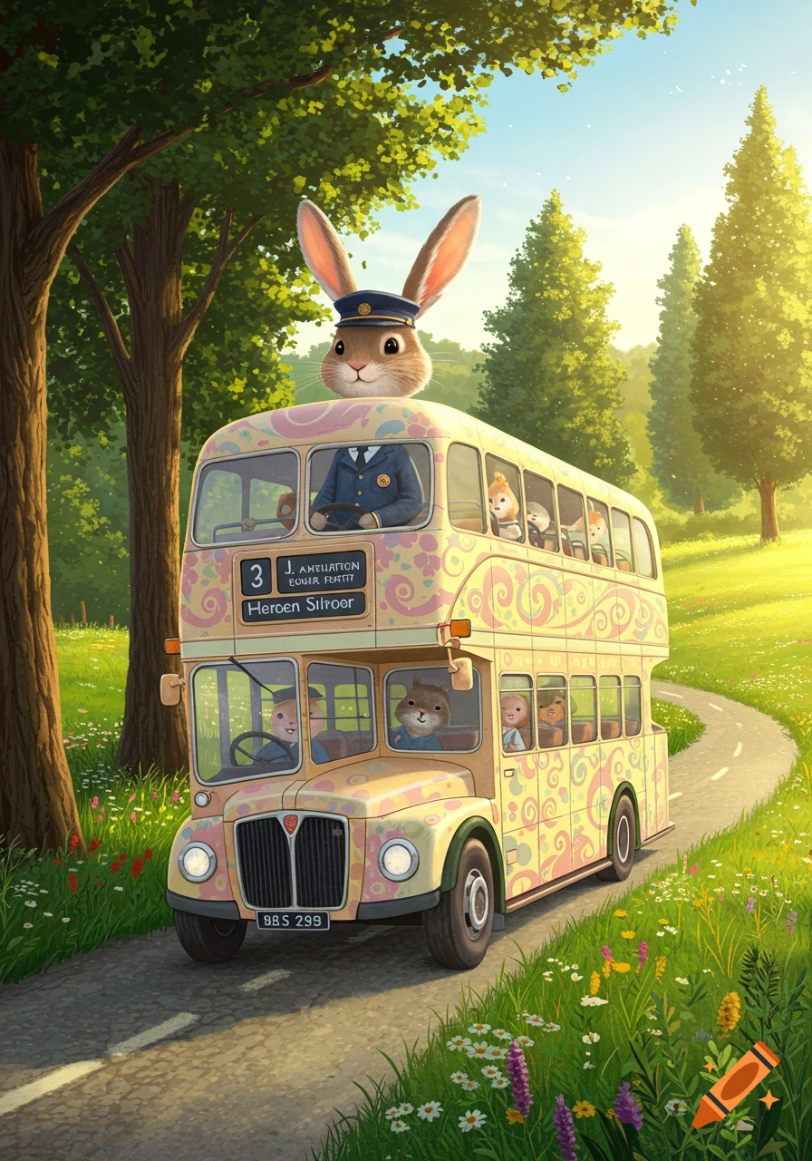 A cartoon rabbit with a conductor's hat drives a colorful double-decker bus filled with animal passengers along a sunny country road, storybook style.