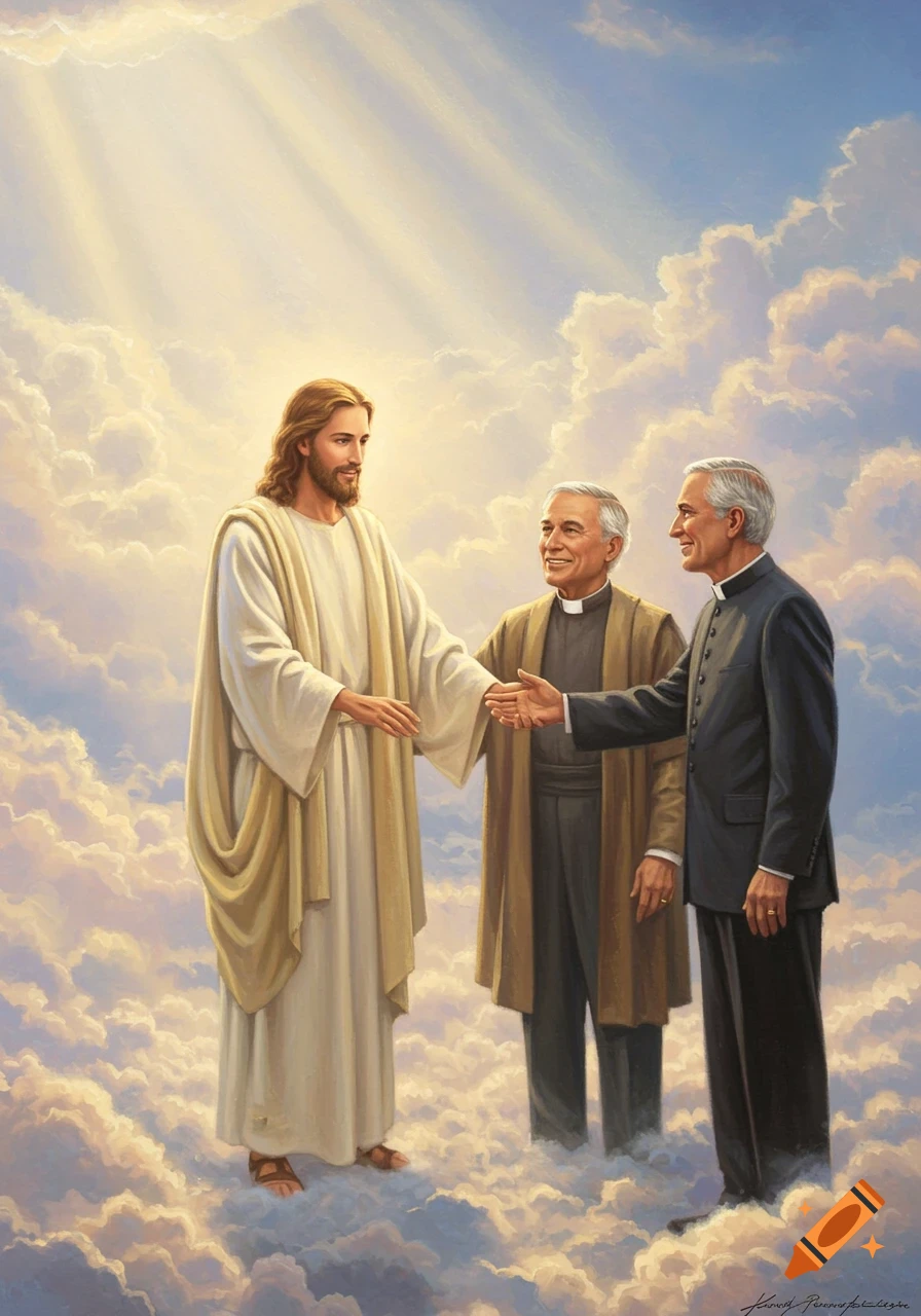 Painting of Jesus, R. C. Sproul, and John MacArthur greeting each other in a heavenly cloudscape with divine light.