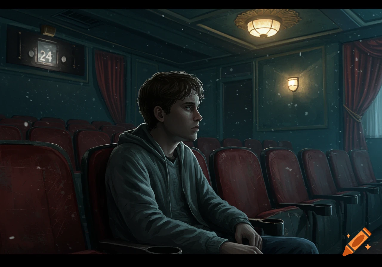 An illustration of a young man with brown hair sitting alone in a dark, empty movie theater with red seats, looking off to the side.