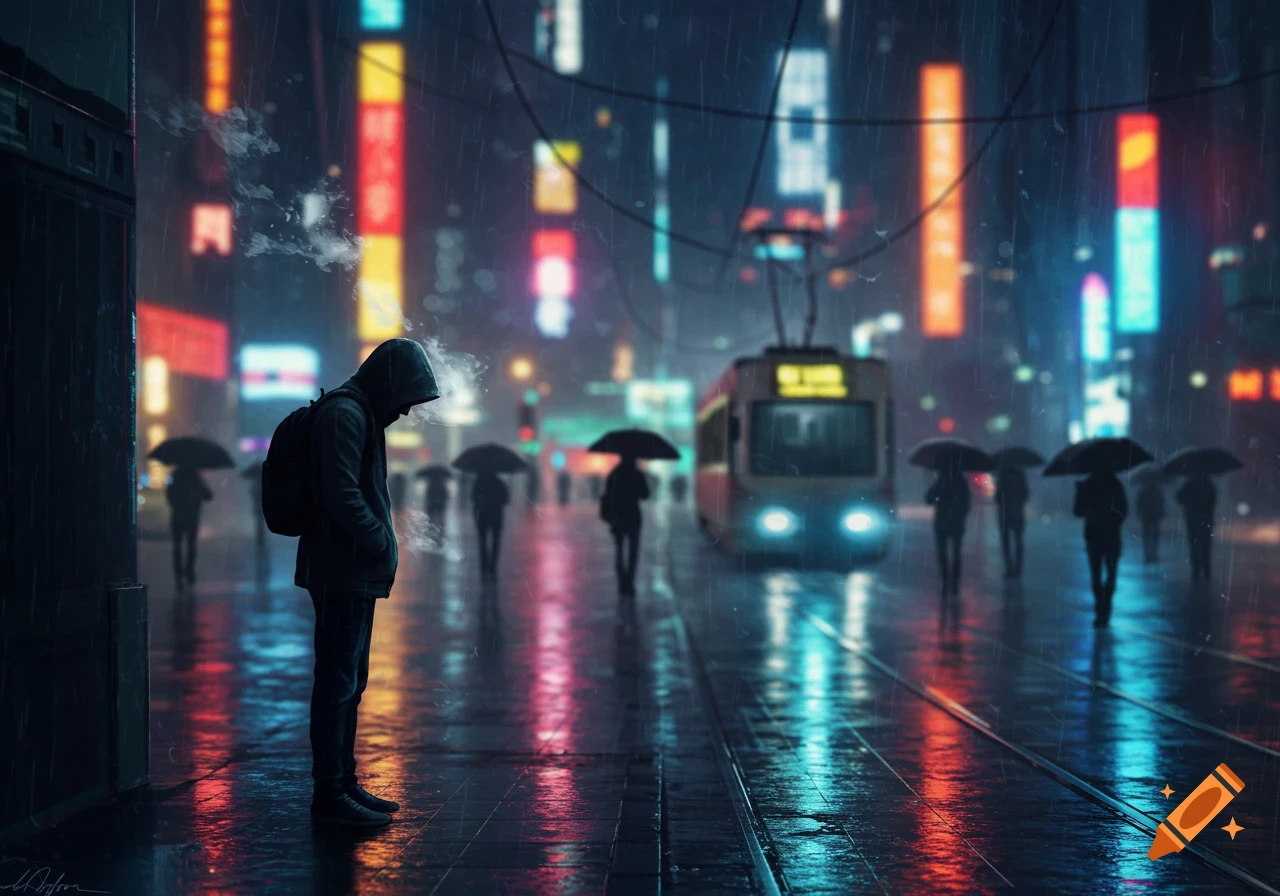 A lone figure in a hooded jacket stands on a rainy, neon-lit city street at night, with a tram and blurred pedestrians in the background.