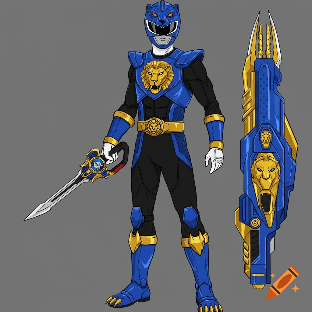 A blue and black Power Ranger-like character with a lion motif stands with a sword and a large blaster weapon.