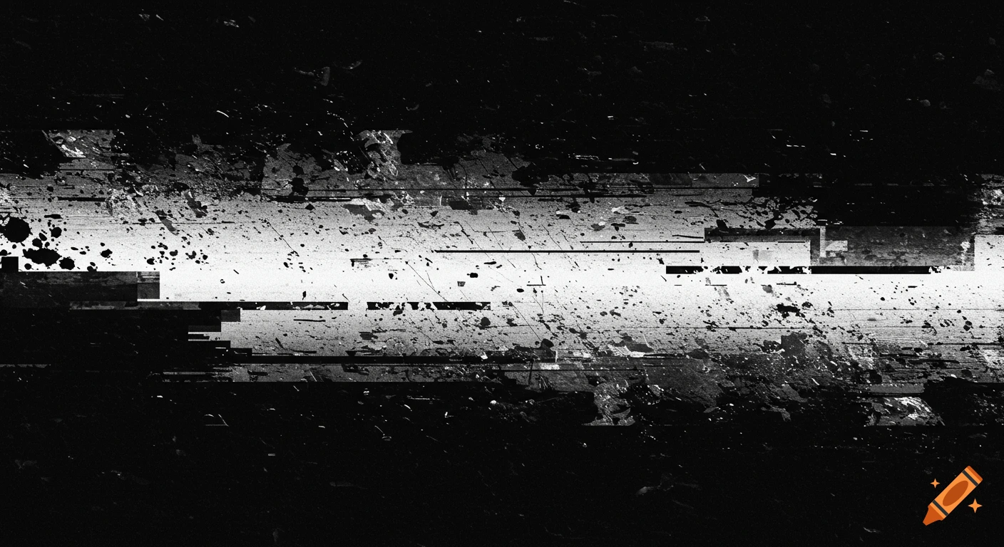 Abstract black and white grunge texture with horizontal noise patterns and splatters.