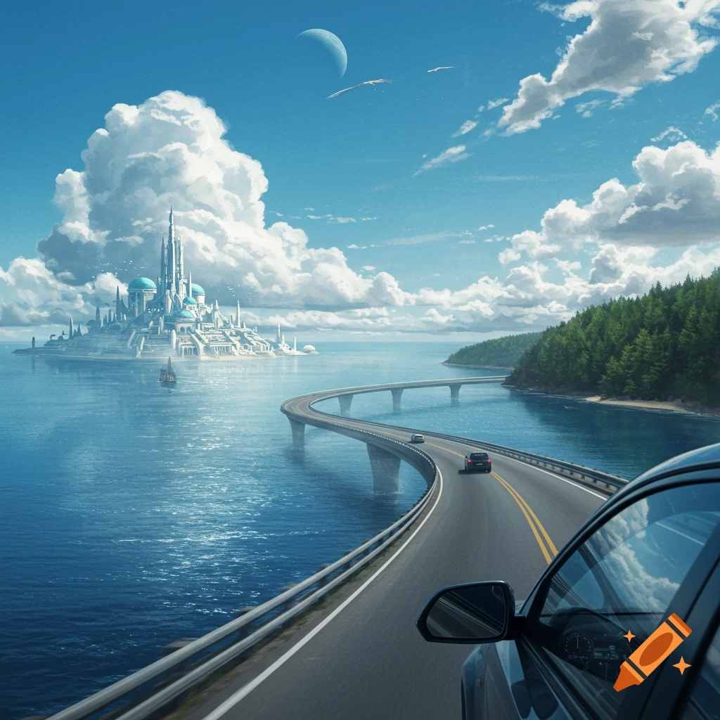 A winding highway over a blue ocean with a futuristic city on an island in the distance, viewed from inside a car.