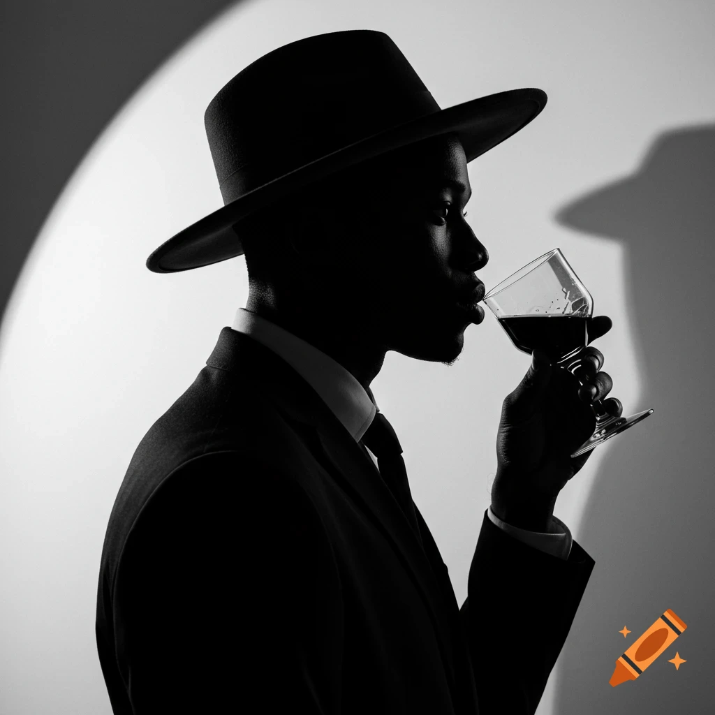 Dramatic black and white silhouette of a man in a fedora drinking from a glass.