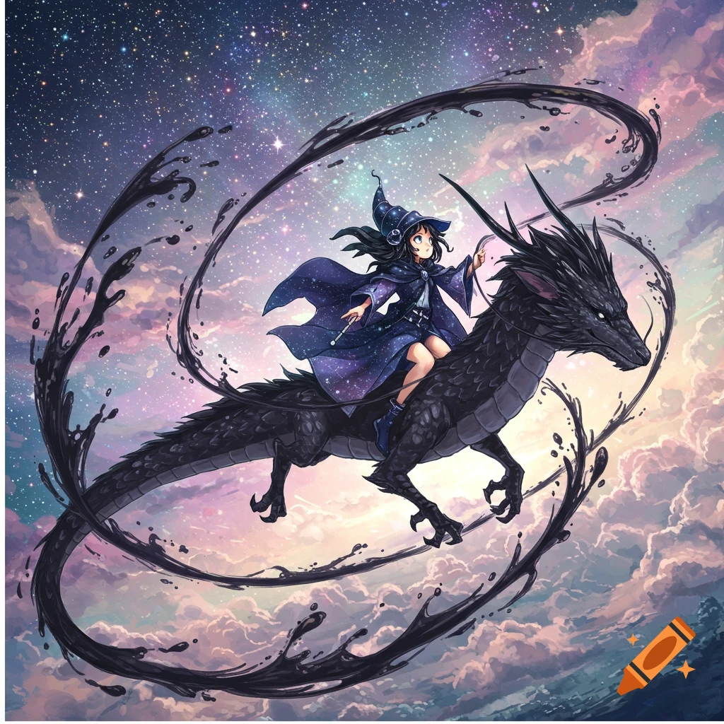 An anime magical girl in a wizard hat and cape rides a black ink dragon through a starry, cloudy sky, with ink trails swirling around them.