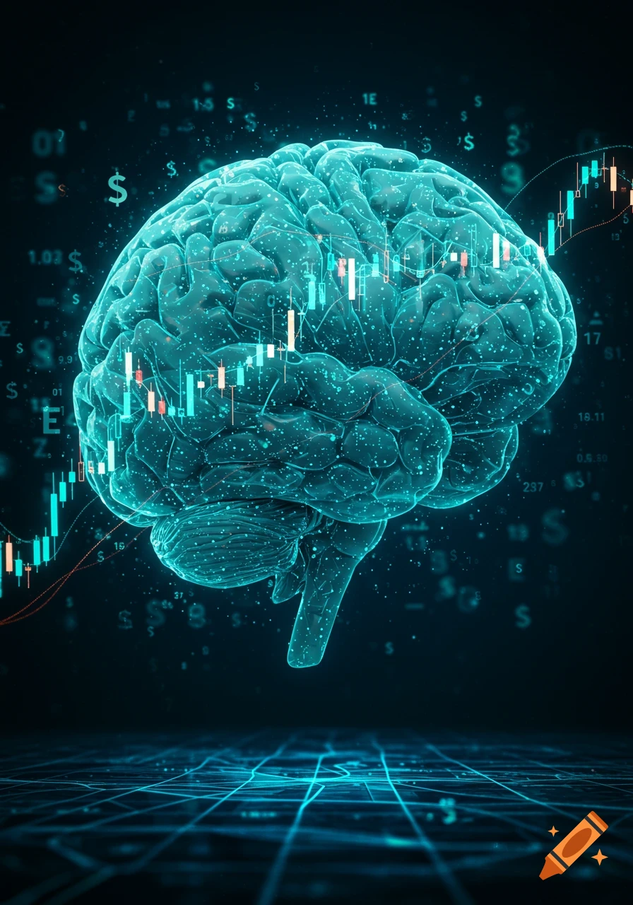 A glowing, translucent human brain overlaid with financial stock charts and data, in a dark, digital setting.