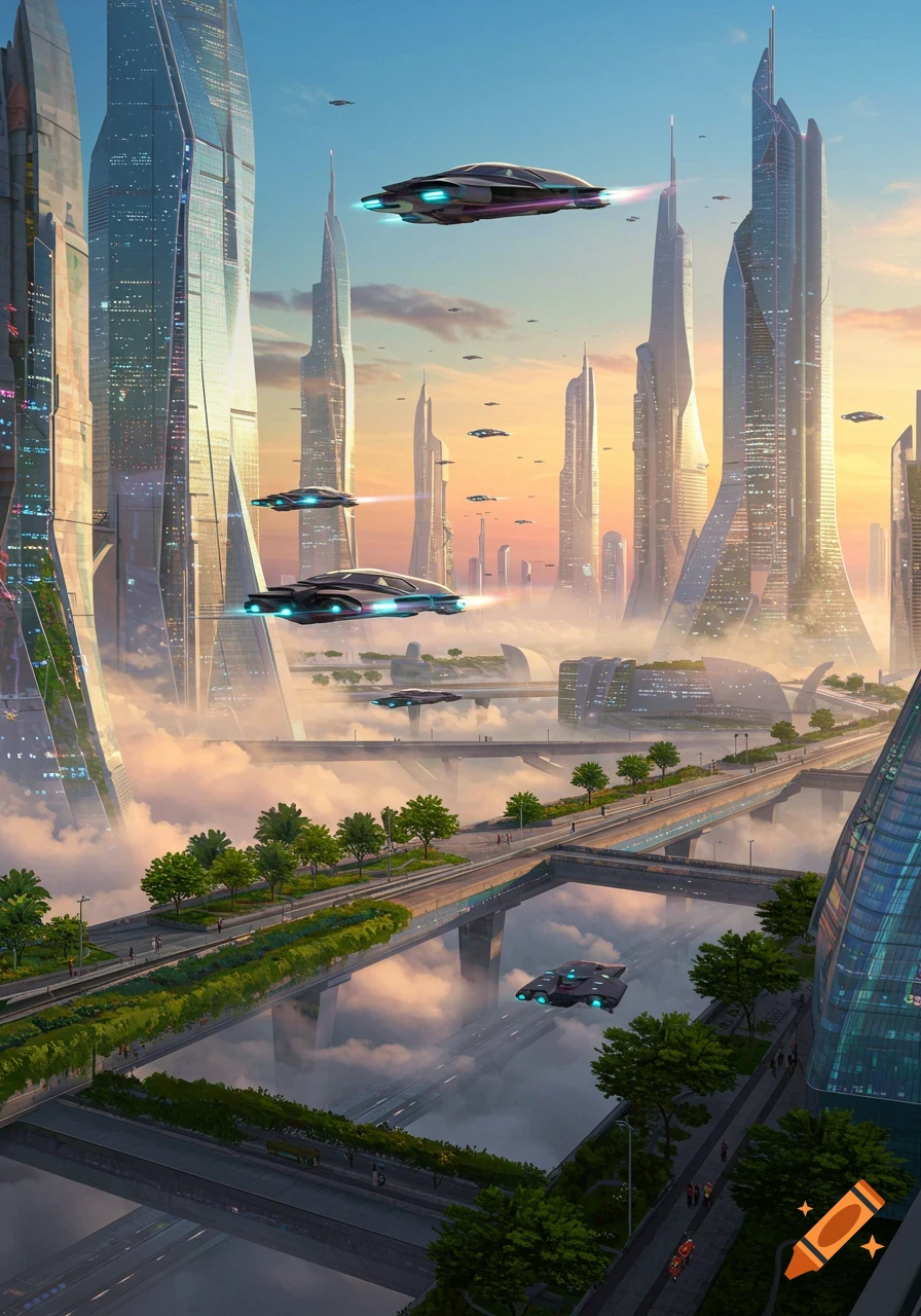 A sleek futuristic cityscape at sunset, featuring towering glass skyscrapers, elevated roads, and multiple flying cars navigating through clouds.