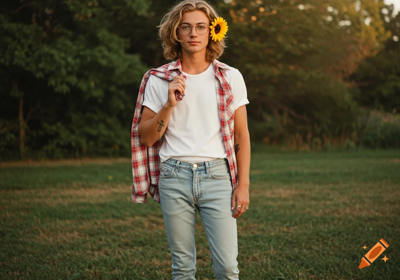 Young man with long blonde hair, glasses, and a sunflower behind his ear, wearing a white t-shirt, light jeans, and a red plaid shirt draped over his shoulders, standing in a grassy field.
