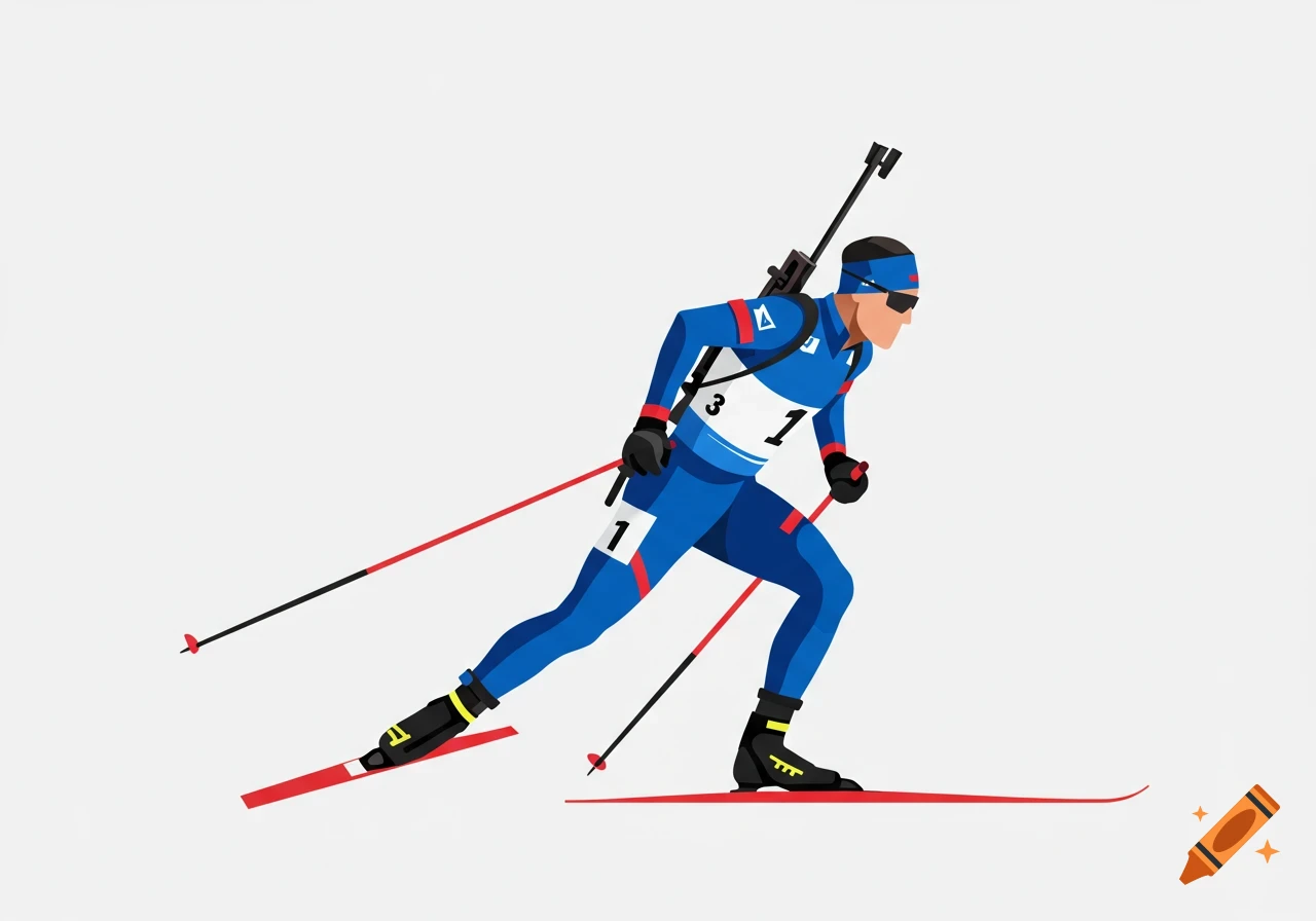 Flat vector graphic of a biathlete in a blue uniform, skiing with ski poles and a rifle on their back. Numbers "1" and "3" are visible on the uniform.