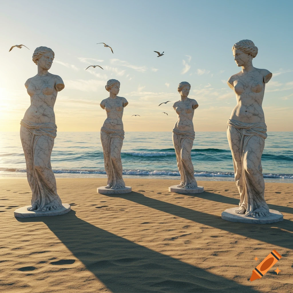 Photorealistic image of four marble statues of women standing on a sandy beach at sunset, with ocean waves and birds flying in the sky.