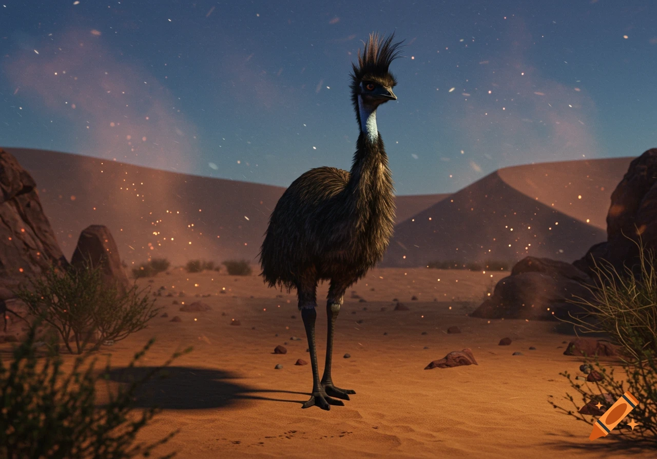 A spiky-haired emu stands in a sandy desert landscape with rocks and glowing particles, digital art.