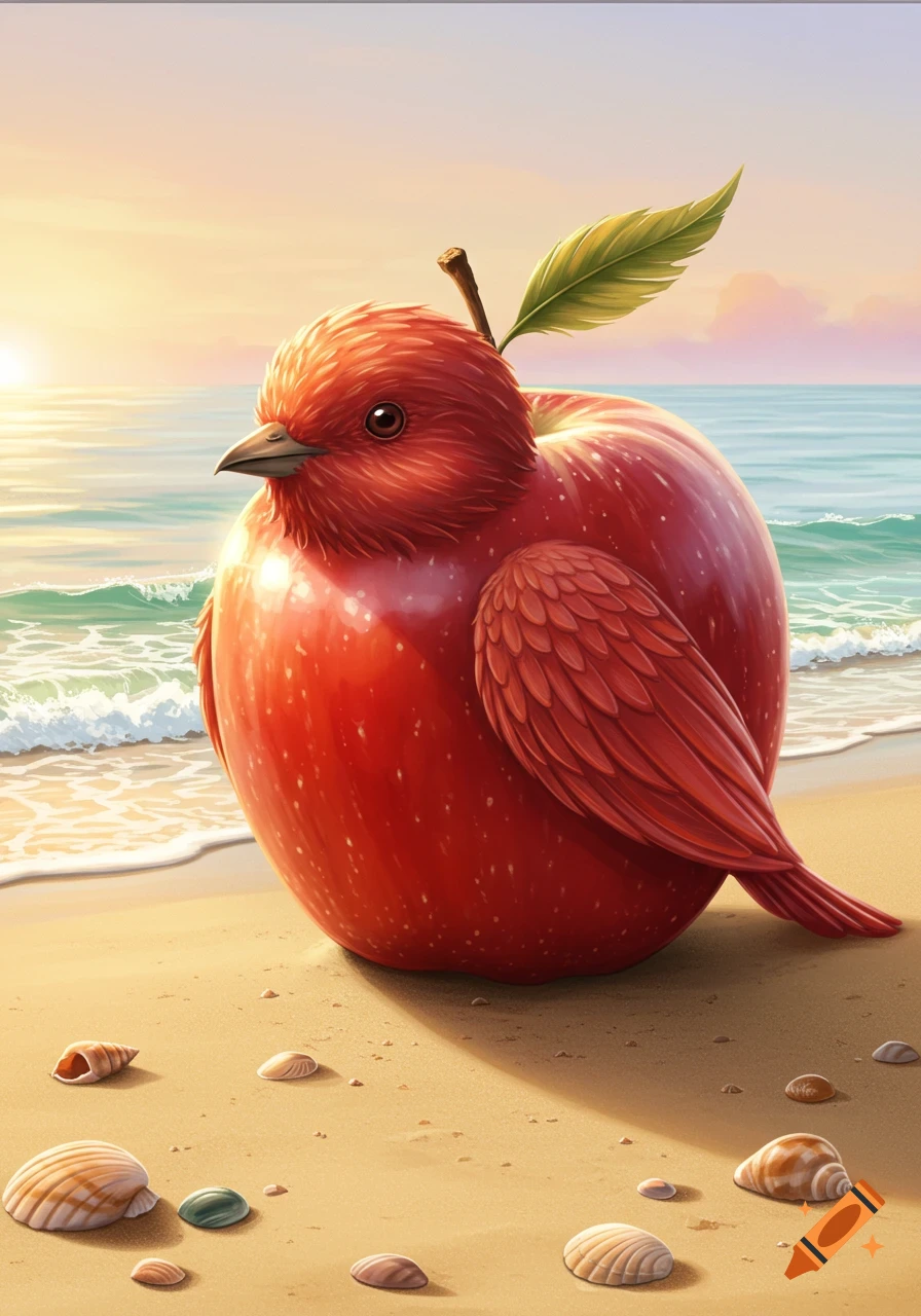 A vibrant red bird with an apple for a body stands on a sunny beach with seashells and ocean waves, illustrated in a whimsical style.