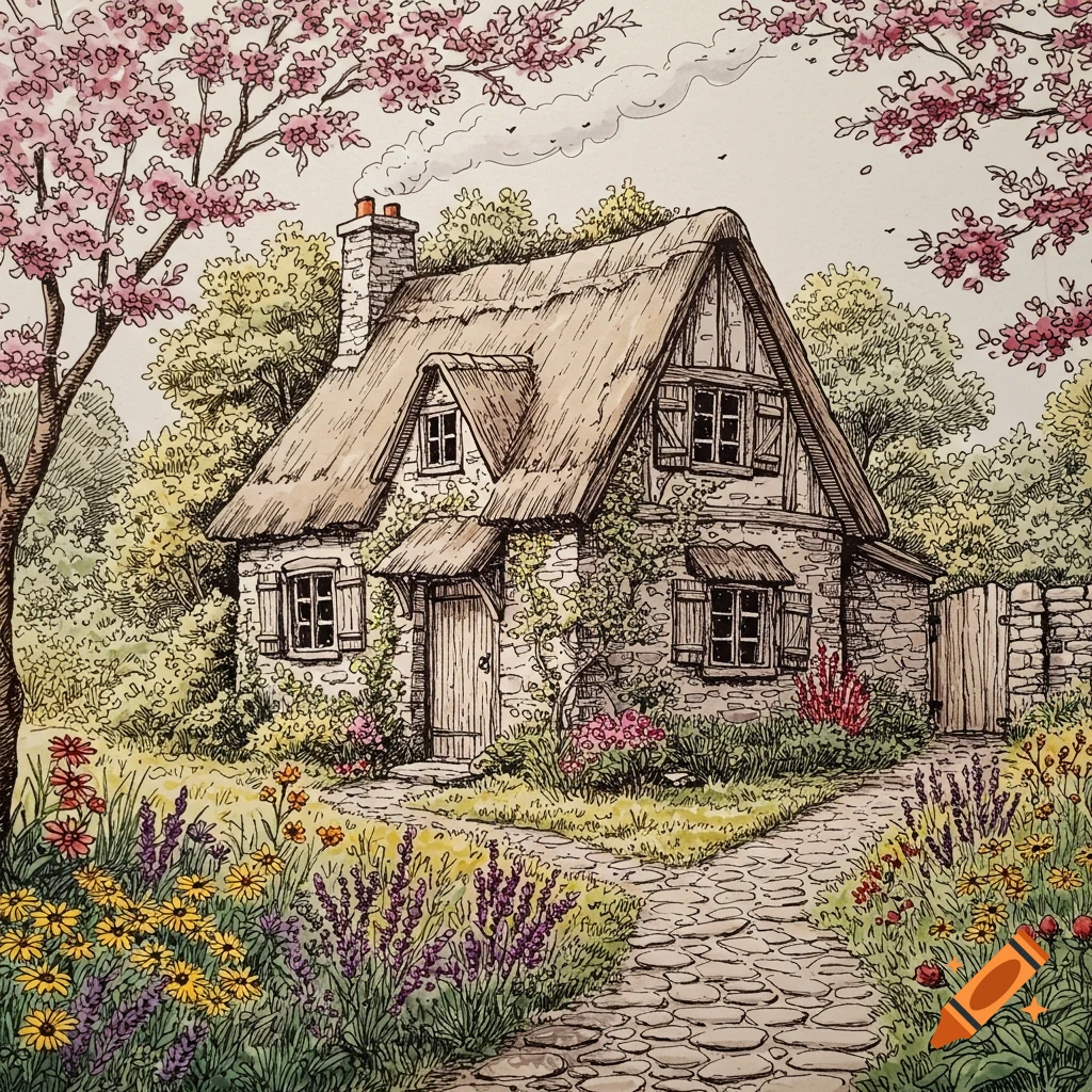 A charming country cottage with a thatched roof, vibrant garden, and flowering trees, in a detailed ink and watercolor drawing style.