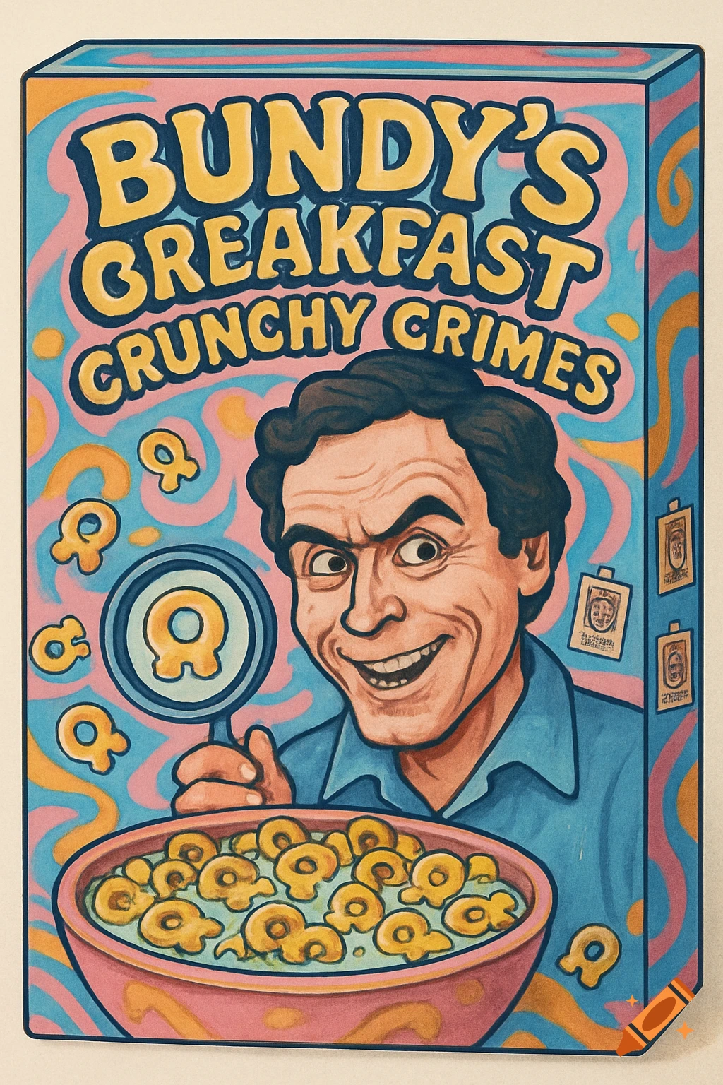 Cartoon illustration of a retro cereal box featuring a grinning Ted Bundy and the title 'Bundy's Breakfast Crunchy Crimes'.